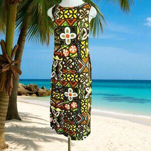 Pomare Tahiti Colorful Hawaiian Tribal Barkcloth Sleeveless Maxi Dress